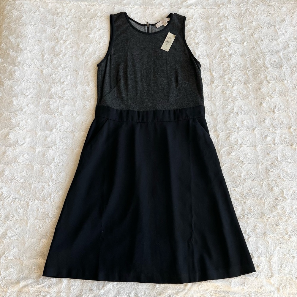 Loft Dress Womens 8 Petite Gray Black Rayon Stretch Sleeveless Chic Formal NWT